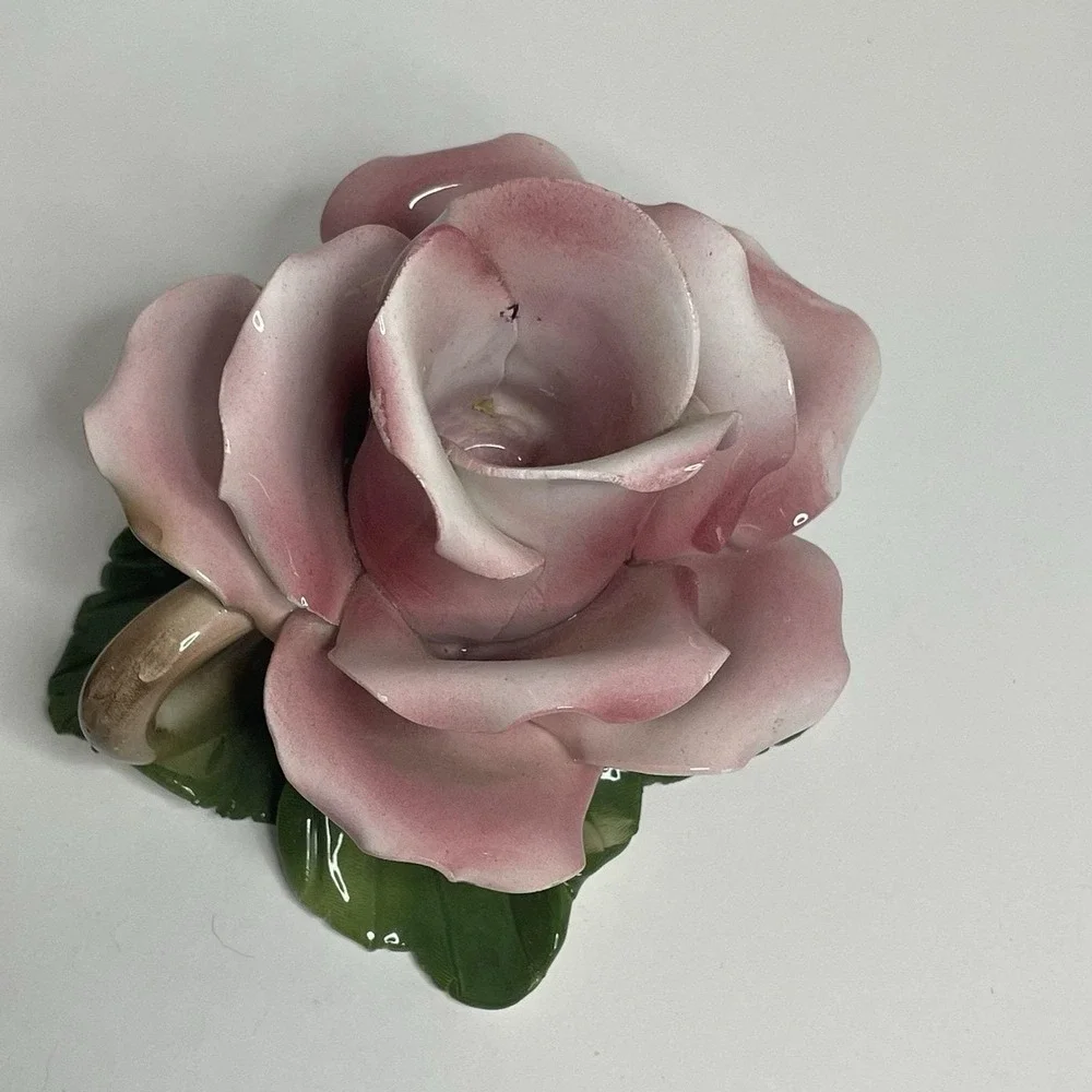 Capodimonte Glazed Porcelain Rose Candle Holder Made In Italy Set 2 1950s VTG